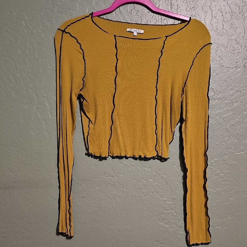 Mustard Long Sleeve Crop Top with Green Trim